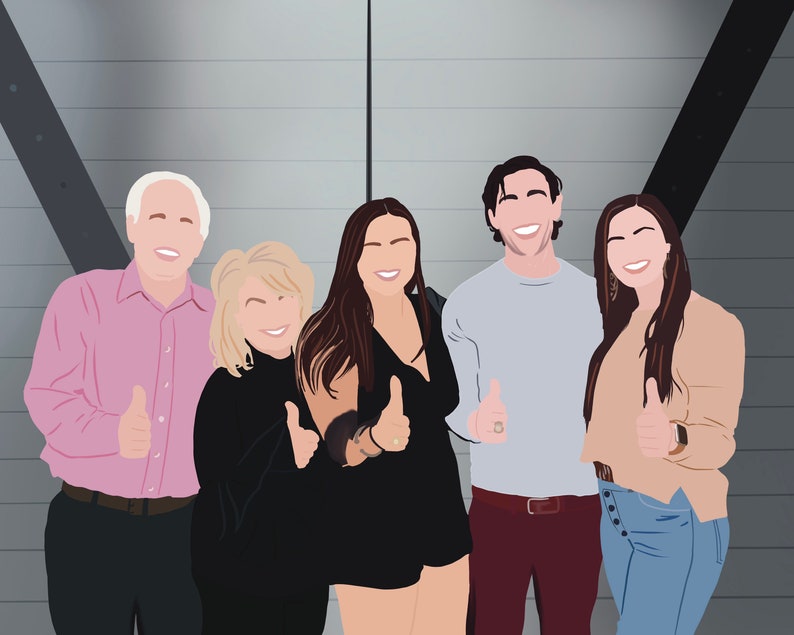 May include: A group of five people smiling and giving a thumbs up. They are standing in front of a gray wall with black accents. The people are wearing casual clothing.