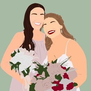 May include: Two women smiling, one in a white dress and the other in a light purple dress, holding a bouquet of white, pink, and red flowers.