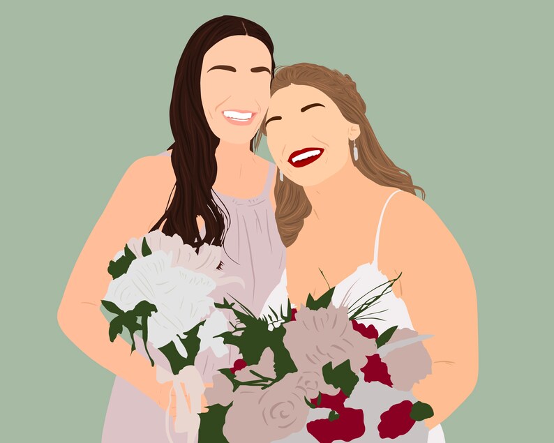 May include: Two women smiling, one in a white dress and the other in a light purple dress, holding a bouquet of white, pink, and red flowers.