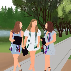 May include: Three women in graduation gowns and caps walk along a path in a park. They are smiling and holding their diplomas. The women are wearing blue, white, and gray gowns with colorful tassels. The path is lined with trees.