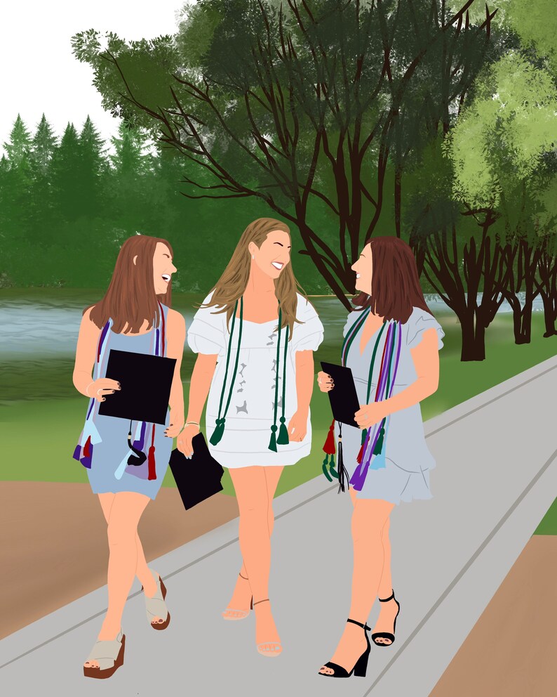 May include: Three women in graduation gowns and caps walk along a path in a park. They are smiling and holding their diplomas. The women are wearing blue, white, and gray gowns with colorful tassels. The path is lined with trees.