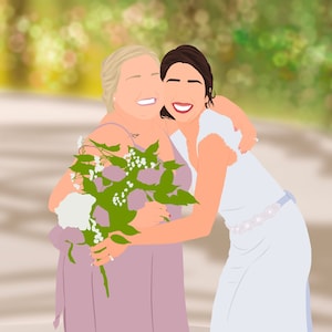 May include: Two people in a garden setting, one wearing a white dress and the other wearing a lavender dress, are hugging. The person in the lavender dress is holding a bouquet of white flowers.