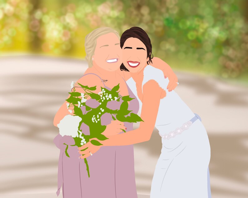 May include: Two people in a garden setting, one wearing a white dress and the other wearing a lavender dress, are hugging. The person in the lavender dress is holding a bouquet of white flowers.