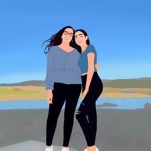 May include: Two women are standing together, smiling at the camera. They are both wearing casual clothing, including jeans and t-shirts. The woman on the left is wearing a blue shirt and the woman on the right is wearing a light blue shirt. They are standing in front of a body of water and a grassy area.