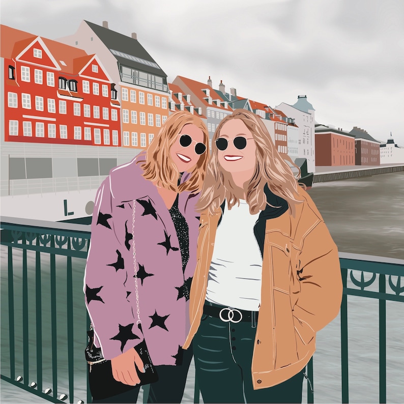 May include: Two women wearing jackets stand in front of a city skyline. One woman is wearing a purple jacket with white stars and the other is wearing a brown jacket. Both women are wearing sunglasses.