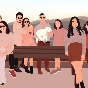 May include: A group of friends pose for a photo in front of a mountain range. They are all wearing casual clothing and smiling. One person is holding a small white dog.