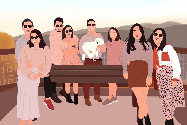 May include: A group of friends pose for a photo in front of a mountain range. They are all wearing casual clothing and smiling. One person is holding a small white dog.