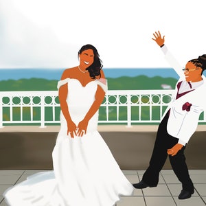 May include: A bride in a white wedding dress smiles at the camera while a person in a white tuxedo and black pants waves in the background. They are standing on a balcony with a green railing and a view of the ocean.