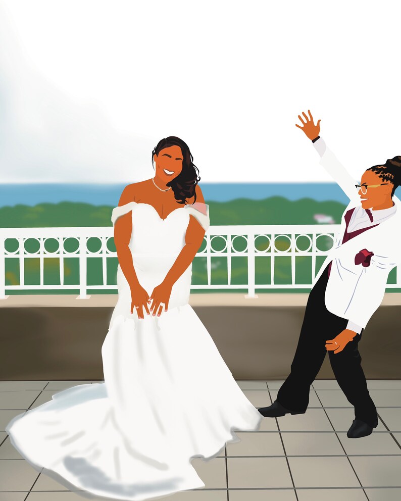 May include: A bride in a white wedding dress smiles at the camera while a person in a white tuxedo and black pants waves in the background. They are standing on a balcony with a green railing and a view of the ocean.