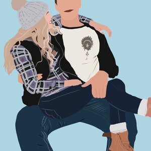May include: A couple is holding each other, the woman is wearing a plaid shirt, a gray beanie, and jeans, the man is wearing a white t-shirt with a graphic design, a black jacket, and jeans.