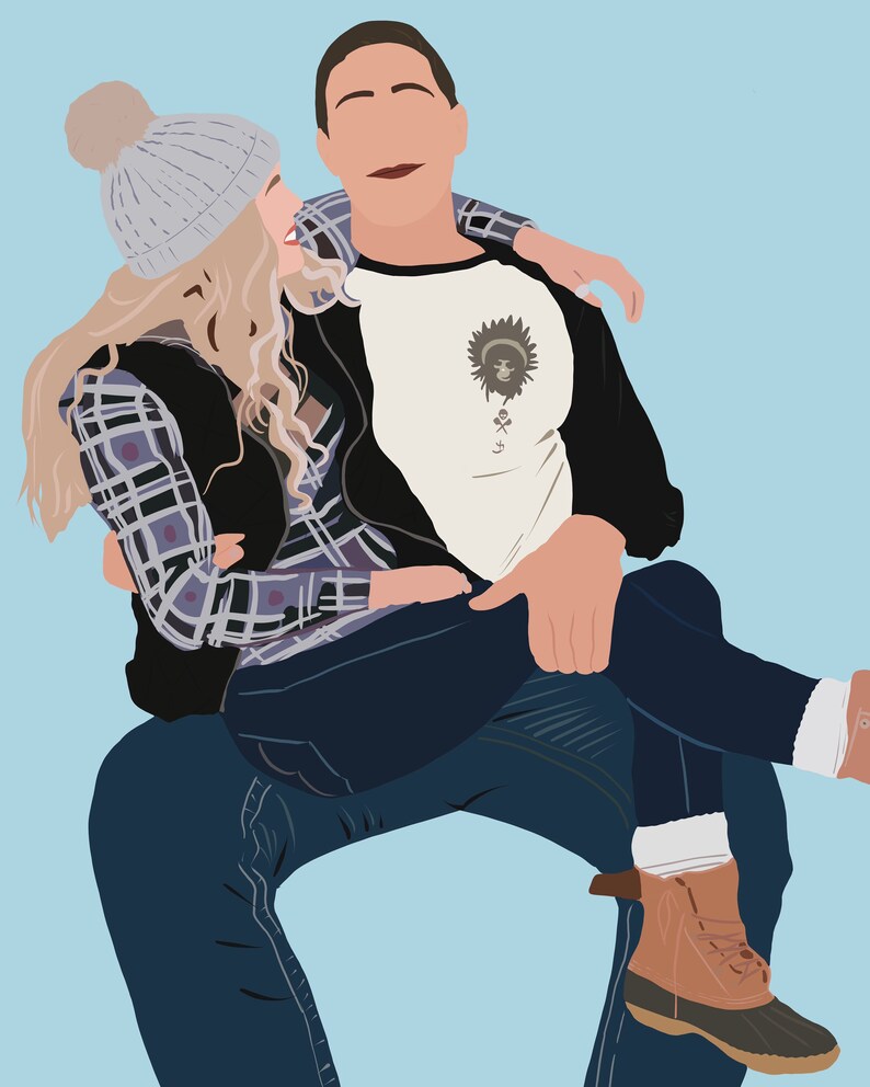 May include: A couple is holding each other, the woman is wearing a plaid shirt, a gray beanie, and jeans, the man is wearing a white t-shirt with a graphic design, a black jacket, and jeans.