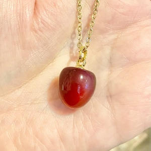 Resin Cherry Pendant Necklace: Gold Plated Stainless Steel Chain