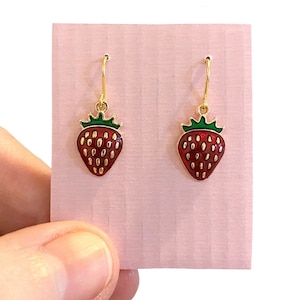 Strawberry Earrings: Red Resin Fruit Charms, Gold Plated Wires
