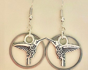 Hummingbird Earrings, Silver Hoop Earrings with Bird Charms, Silver Steel Hoops with Charms