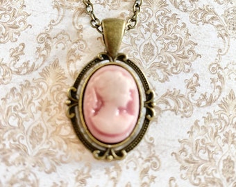 Antique Bronze Lady Cameo Necklace, Goth Pendant Necklace, Dainty Cameo Necklace, Maiden Cameo