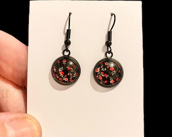 Floral Cabochon Earrings, Black Flower Print, Handmade