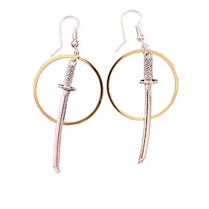 Sword Earrings: Knightcore Dangle Earrings, Gold & Silver