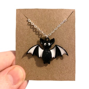 Enamel Bat Necklace: Gothic Halloween Jewelry, Silver Plated Chain