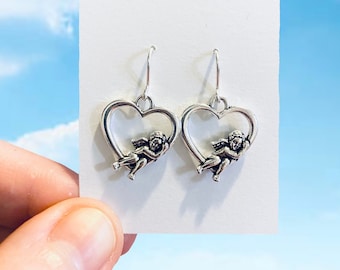 Heart Cupid Angel Dangle Earrings, Silver Plated