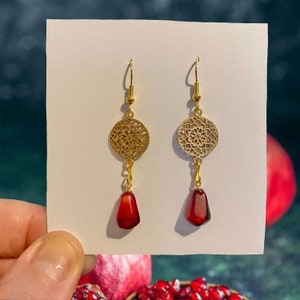 Pomegranate Earrings, Hades And Persephone, Gold Plated Resin Dangle Earrings