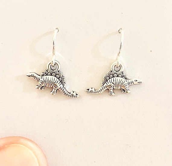 Silver Stegosaurus Dinosaur Earrings: Novelty Dino Jewelry