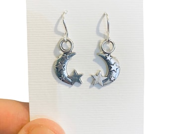 Moon Earrings, Celestial Earrings, Wicca Earrings, Star Earrings, Silver Star Earrings, Gothic Earrings, Pagan Earrings, Witch Earrings