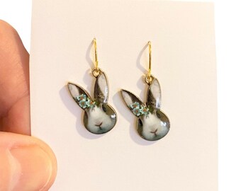 Rabbit Bunny Earrings For Easter - Gold Plated Enamel Dangle Earrings, Cute Cartoon Animal & Carrot Design