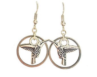 Hummingbird Earrings, Silver Hoop Bird Charms