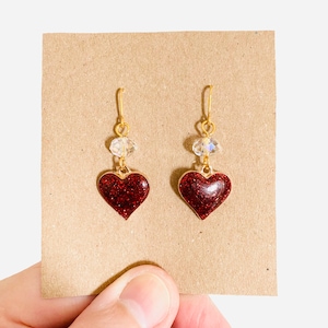 Red Glitter Heart Earrings: Gold Plated Enamel Charms