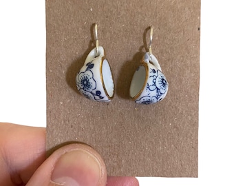 Blue Floral Teacup Earrings, Ceramic Cup Earrings, Porcelain Teacup Earrings, Afternoon Tea, Tea Gifts, Gifts Under 15, Affordable Earrings