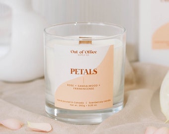 PETALS Soy Candle 9.25oz | Rose + Sandalwood + Frankincense | Scented Candle | Wood Wick | Gift for her | Holiday Gift | Made in Canada