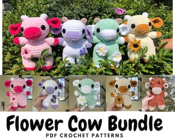 Mini & Regular Flower Cow Bundle | PDF Crochet Amigurumi Pattern | Low Sew | Cherry Blossom | Sunflower | Daisy | Lavender | Highland Cow |