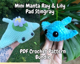 Mini raie manta et nénuphar en galuchat | Lot de motifs Amigurumi au crochet pour débutants | Téléchargement numérique PDF | Rapide et facile | Sans couture |