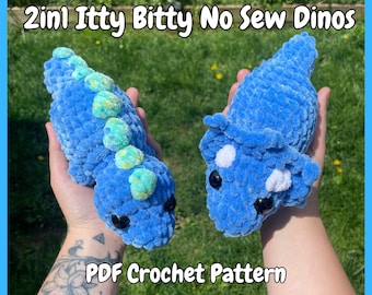 May include: A crochet pattern for two no-sew dinosaur amigurumi toys. The pattern includes instructions for a blue triceratops and a blue dinosaur with green spots. The pattern is available as a PDF download.