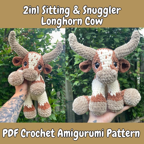 Vaca Longhorn 2 em 1 para sentar e abraçar | Padrão de Crochê Amigurumi | Touro | Boi | Fazenda | Campo