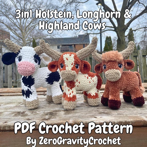 3in1 Standing Cow Bundle | Crochet Amigurumi Pattern | Holstein Dairy Cow, Texas Longhorn, Highland, Low Sew, Beginner Friendly, Bull, Steer