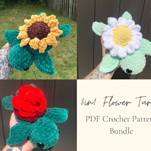 3in1 Blumen-Meeresschildkröten Häkel-Amigurumi-Muster | Rose | Sonnenblume | Gänseblümchen |