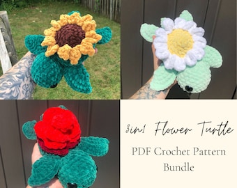 3in1 Flower Sea Turtles Crochet Amigurumi Pattern | Rose | Sunflower | Daisy |