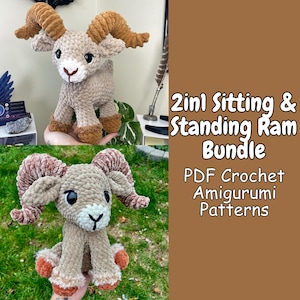 May include: Two crochet ram amigurumi toys in light brown and tan. One ram is standing, the other is sitting. The standing ram is held in a person's hand. The text on the image reads "2in1 Sitting & Standing Ram Bundle PDF Crochet Amigurumi Patterns."