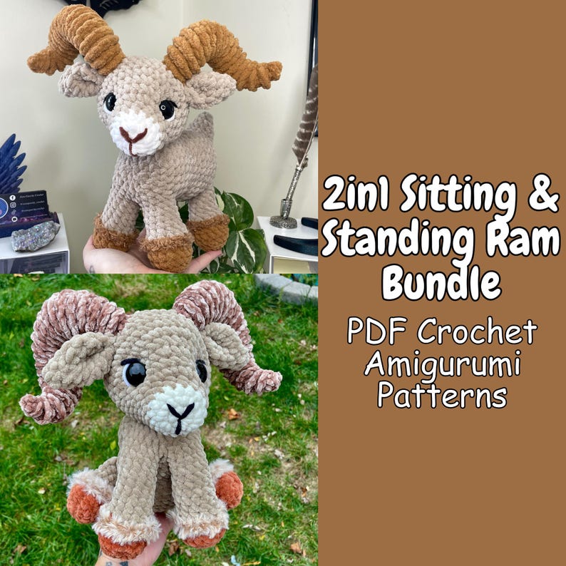 May include: Two crochet ram amigurumi toys in light brown and tan. One ram is standing, the other is sitting. The standing ram is held in a person's hand. The text on the image reads "2in1 Sitting & Standing Ram Bundle PDF Crochet Amigurumi Patterns."