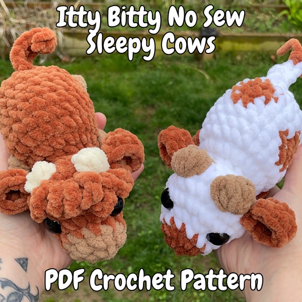 2in1 Itty Bitty Sleepy No Sew Cows Crochet Amigurumi Pattern | Plushie | Spotted Cow | Highland Cow | PDF Digital Download