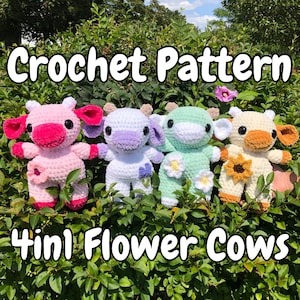 4in1 Flower Cows | PDF Crochet Amigurumi Pattern | Lavender | Daisy | Cherry Blossom | Sunflower | Low Sew