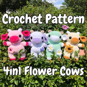 4 in 1 Flower Cows | PDF Crochet Amigurumi Pattern | Lavender | Daisy | Cherry Blossom | Sunflower | Low Sew