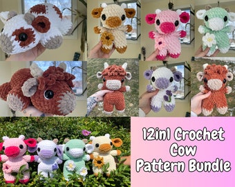 Sleepy, Mini & Regular Flower Cow Bundle | PDF Crochet Amigurumi Pattern | Cherry Blossom | Sunflower | Daisy | Lavender | Highland Cow |