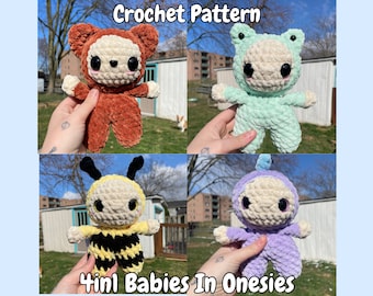 4in1 Babies In Onesies | PDF Crochet Amigurumi Pattern | Bear | Frog | Dinosaur | Bumblebee