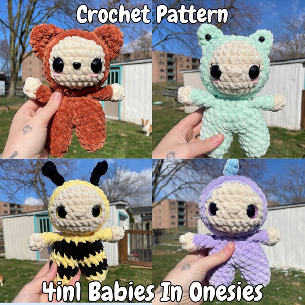 4in1 Babies In Onesies | PDF Crochet Amigurumi Pattern | Bear | Frog | Dinosaur | Bumblebee