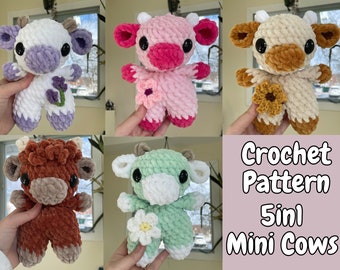 5in1 Mini Cows | PDF Crochet Amigurumi Pattern | Low Sew | Quick & Easy | Cherry Blossom | Sunflower | Daisy | Lavender | Highland Cow |