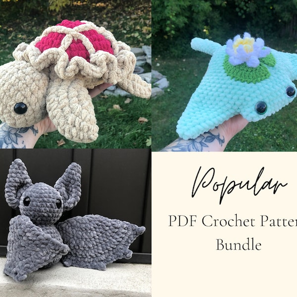 Popular Patterns Crochet Amigurumi Bundle | Kawaii Bat | 6in1 Turtle Pies | Lily Pad Stingray |