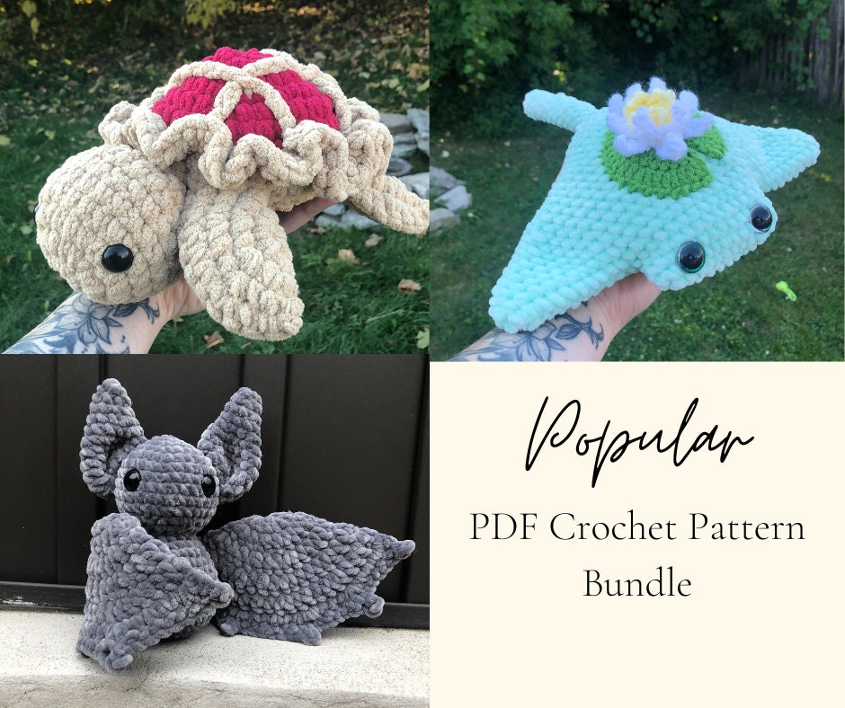 Beliebte Muster Crochet Amigurumi Bundle | Kawaii Fledermaus | 6in1 Schildkrötenpasteten | Seerosenblatt Rochen |