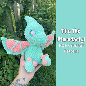 May include: A handmade, mint green crochet pterodactyl toy with pink accents on the wings and feet. The toy has a large, decorative eye and is labeled "Tilly The Pterodactyl PDF Crochet Pattern".